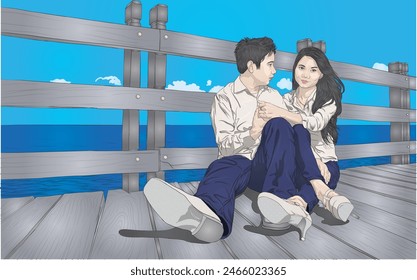 Vector Couple on a date in the beach bridge illustration