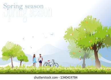 vector couple on spring garden background
