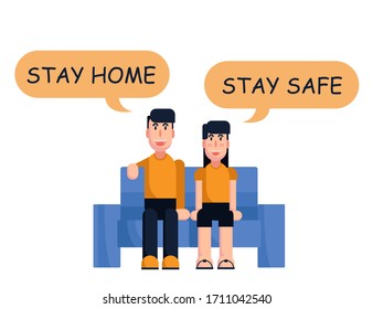 Vector of couple in orange outfit saying stay home stay safe.Couple Stay at home.Stay away from Covid19 and Coronavirus.