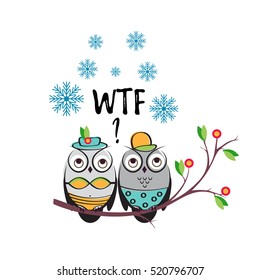  vector couple owls in the swimsuits on a tree branch. cute illustration with a quote 
