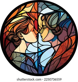 Vector of a couple in profile, stained glass effect