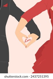 Vector couple in red gown and black tuxedo holding hands showing heart symbol