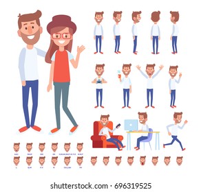 Vector couple. Set of a guy in casual clothes in different poses.  Vector illustration in a flat style good for animation.