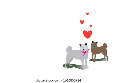 vector couple shiba inu dog and red heart blowing in the air