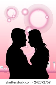 Vector Couple Silhouette is about to kiss on a pink background.
