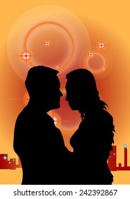 Vector Couple Silhouette is about to kiss on orange background. 