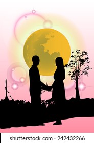 Vector Couple Silhouette Under the moon in pink scene. 