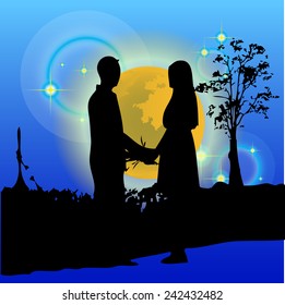 Vector Couple Silhouette Under the moon in scene Blue. 