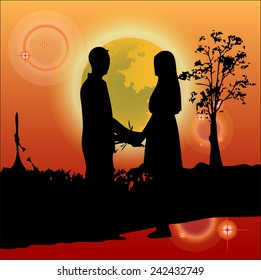 Vector Couple Silhouette Under the moon on the scene Orange. 