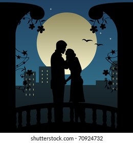 Vector Couple Silhouette Under Sunset.