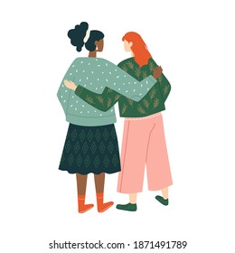 Vector couple of smiling woman.  Concept of women’s  friendship, unity, togetherness, agreement, social community, union of feminists or sisterhood, support and cooperation. Flat cartoon illustration