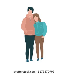 Vector couple standing hugging at autumn in warm outdoor clothing - coats and jacket. Young man and woman dating outdoors together. Illustration with male female characters at romantic walk embracing