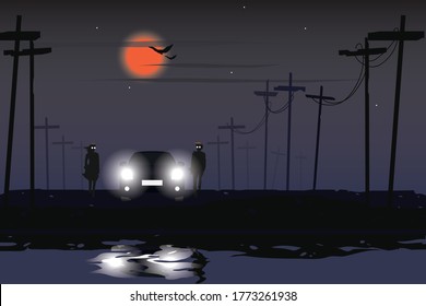 vector couple and their car on dark night background