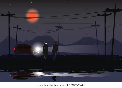 vector couple and their car on dark night background