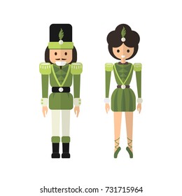 Vector couple of toys from classic Christmas theme ballet Nutcracker - flat style dolls in matching costumes, romantic boy and girl in seasonal dress