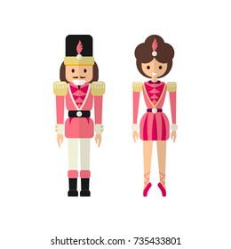 Vector couple of toys from classic Christmas theme ballet Nutcracker - flat style dolls in matching costumes, romantic boy and girl in seasonal dress