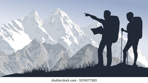vector couple of travellers in mountains