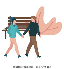 Vector couple walking holding hands at autumn in outdoor clothing on bench, abstract florals background. Young man and woman dating together. Illustration with male female characters at romantic walk