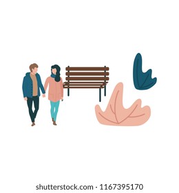 Vector couple walking holding hands at autumn in outdoor clothing on bench, abstract florals background. Young man and woman dating together. Illustration with male female characters at romantic walk