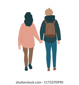Vector couple walking holding hands back view at autumn in warm outdoor clothing. Young man in hoodie, backpack and woman in jacket dating outdoors together. Illustration with male female characters