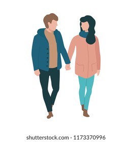 Vector couple walking holding hands at autumn in warm outdoor clothing - coats and scarf. Young man and woman dating outdoors together. Illustration with male and female characters at romantic walk