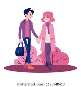 Vector couple walking holding hands at autumn in warm outdoor clothing - coats and scarf. Young man and woman dating outdoors together. Illustration with male and female characters at romantic walk