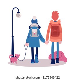 Vector couple walking holding hands with dog at autumn in outdoor clothing near streetlight background. Young man and woman dating together. Illustration with male female characters at romantic walk