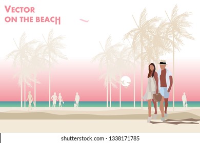 vector couple walking on the beach.Man and woman holding hand and standing on the sand.sea view