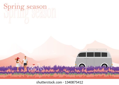 vector couple walking on flower field background