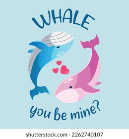 Vector couple whale characters cartoon illustration. Cute whale loving each others. "WILL YOU BE MINE" PUN. Set of characters for Valentine's Day card.