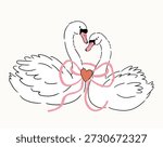 Vector couple of white swans with pink bow Vector Preppy wedding card or invitation design. Cute love cygnet poster in tattoo style. Bird illustration for valentines day 