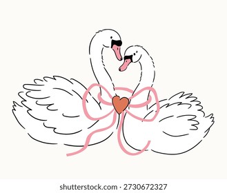 Pareja de Vector de cisnes blancos con Vector de lazo rosa Tarjeta de boda preppy o diseño de invitación. Cartel lindo del cygnet del amor en estilo del tatuaje. Ilustración de pájaro para el día de San Valentín 