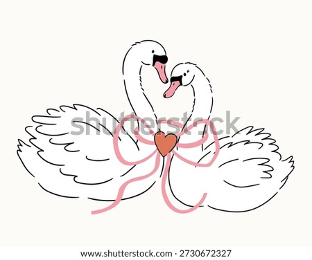 Vector couple of white swans with pink bow Vector Preppy wedding card or invitation design. Cute love cygnet poster in tattoo style. Bird illustration for valentines day 