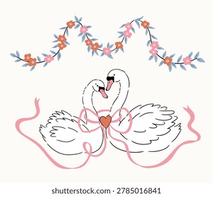 Vector couple of white swans with romantic pink bow and  floral garland. Elegant wedding decorations for invitation design. Cute love cygnet poster in tattoo style. Bird illustration for valentine's day 