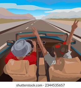 vector couple young people are driving a car open roof and raising her hands up back pose angle celebrating summer time with beautiful view of hills