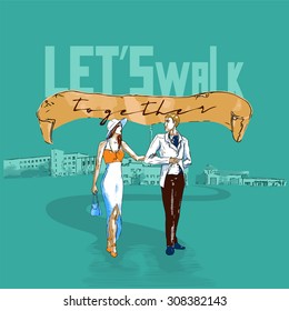 Vector couple of young people walking together in pop art and comics style. Blue town away and ribbon with inscription "Let's walk together" and winding trail. Blue, brown, white and orange