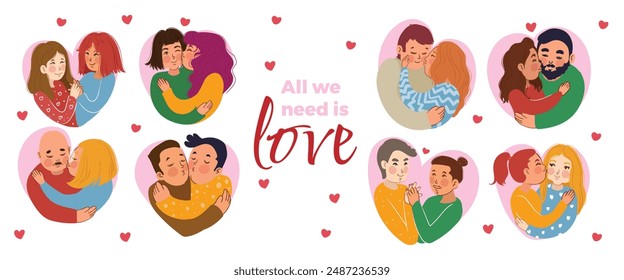 Vector couples kissing and smooching in a shape of the heart. Love bundle illustrations for icons, cards and print projects.