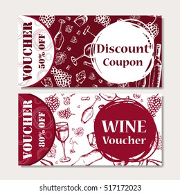 Vector coupon template for beverages. Set of wine banners with sketches. Illustration for voucher, label, card.