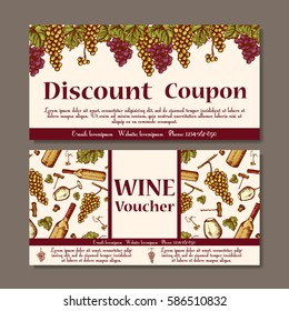 Vector coupon template for beverages. Set of wine banners with sketches. Illustration for voucher, label, card.