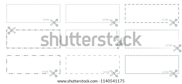 Vector Coupon template with cut\
out dashed or dotted lines and scissors arrow showing cut\
lines.