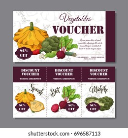 Vector coupon template with vegetables. Set of farmer banners with sketches. Illustration for voucher, label, card.