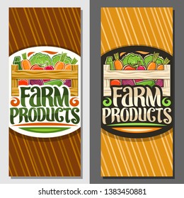 Vector coupons for Farm Products, voucher with pile of carrot, raw zucchini and lettuce in carrying crate, brush typography for words farm products, rural layouts with vegetables for farm supermarket.