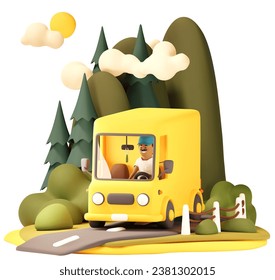 Vector Courier Delivering goods in Yellow Van. Shopping Delivery, Mail Service and Warehousing Illustration