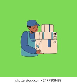 vector of a courier delivering a package on a green background, suitable for templates or banners and so on