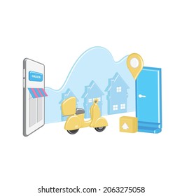 Vector courier delivery of order from large smartphone, goods, purchases in box on yellow scooter to door of house with location sign. 3d pin. Voluminous, cartoon online store on Internet.