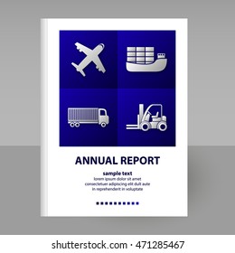 vector cover of annual report with symbols of transport - format A4 - layout brochure concept - blue on white