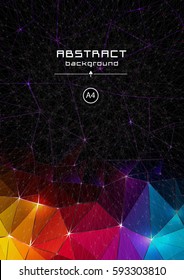 Vector. Cover, background, A4. Annual report. Low-poly triangles. Modern mosaic. Futuristic design. Bright, dark background, glow. red, green, blue, yellow, black.