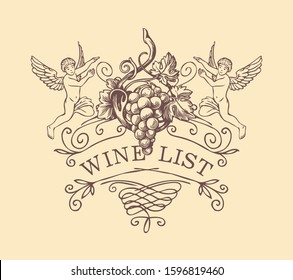 Vector cover or banner for a wine list with curlicues, angels and grapes in baroque style. Hand-drawn illustration with inscription.