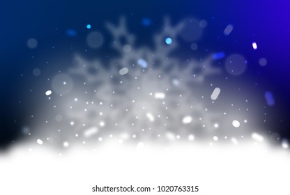 Vector cover with beautiful snowflakes. Snow on blurred abstract background with gradient. The template can be used as a new year background.