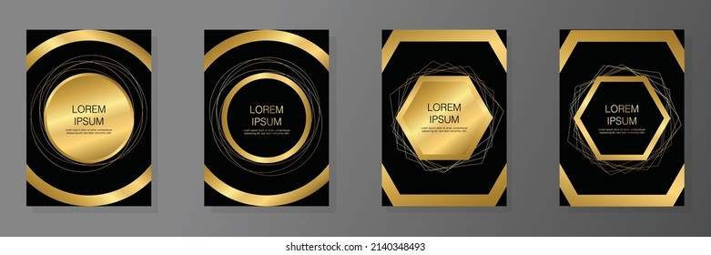 Vector cover black and gold design set with circles and hex. Templates for Brochures, Flyers, Mobile Technologies, Applications, and Online Services, Typographic Emblems, Cards, Posters